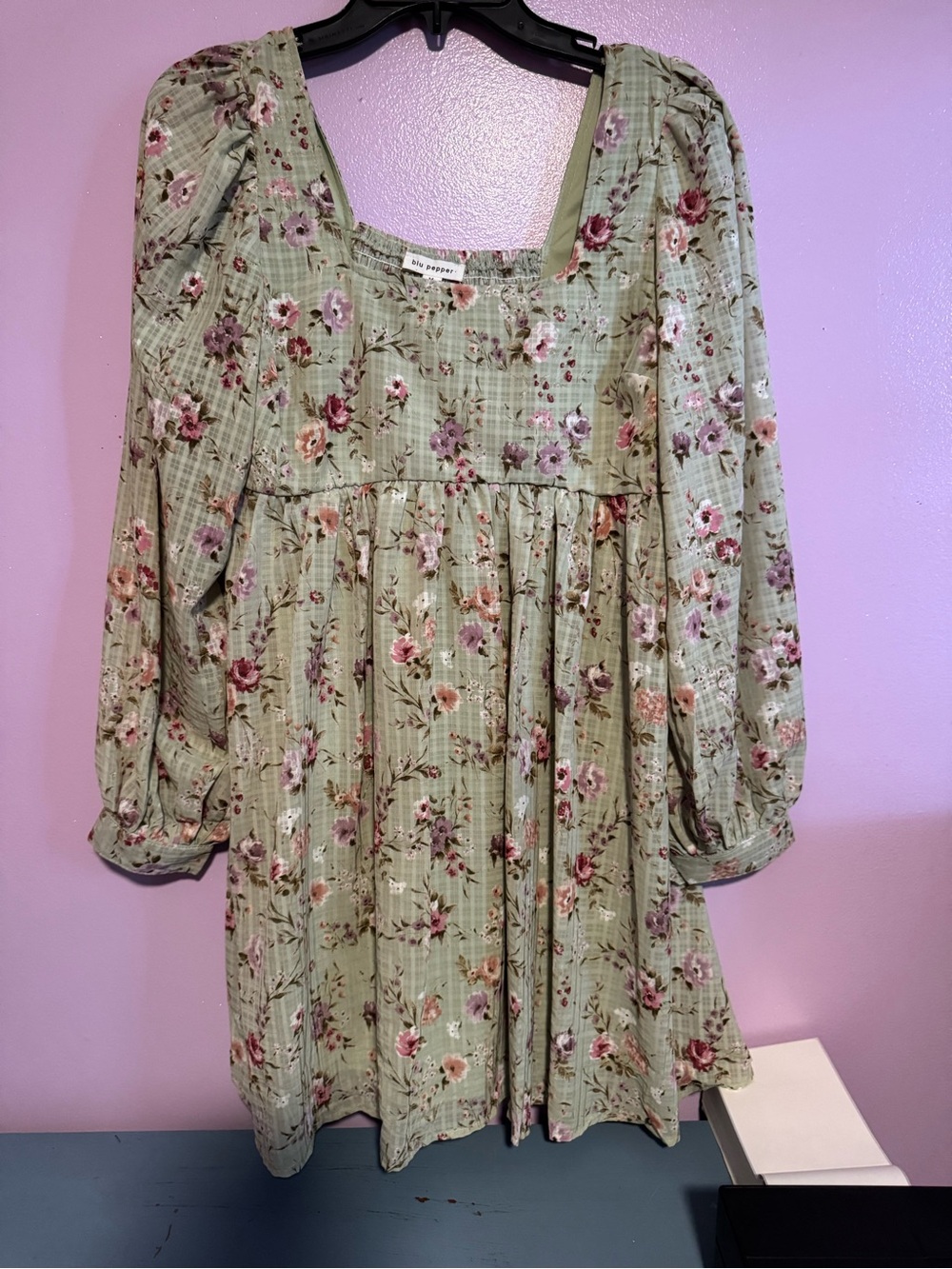 Blu Pepper Sage Green Floral Puff-Sleeve Kids Dress